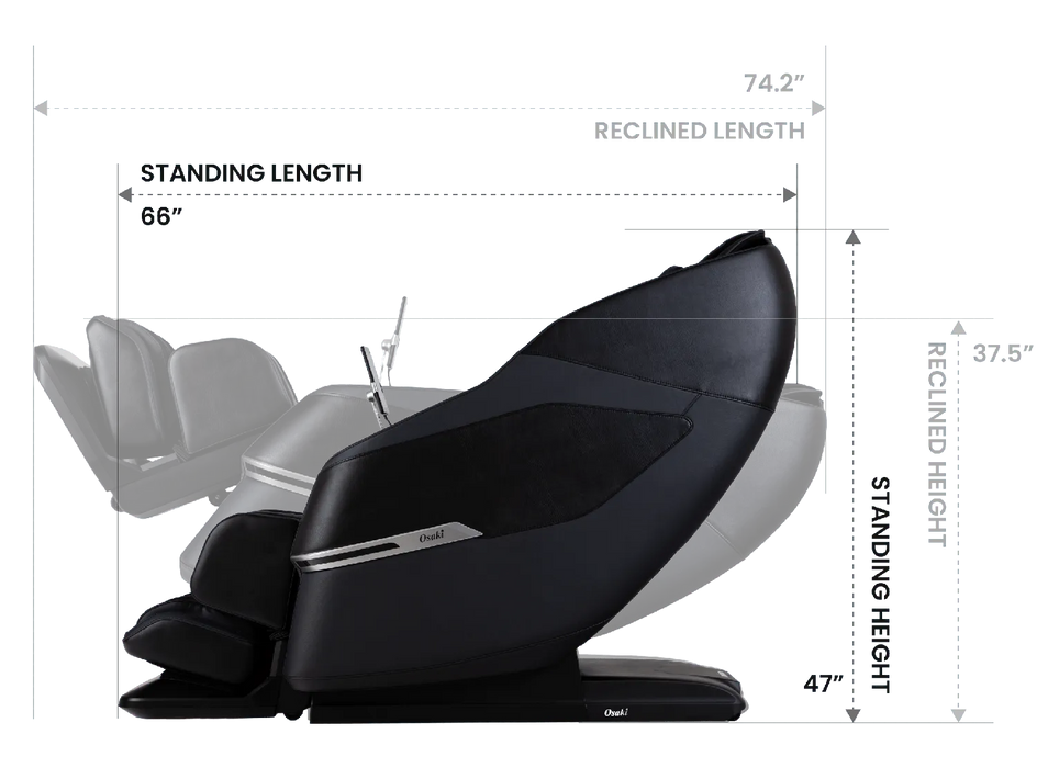 Osaki Aeris 4D Duo upright and reclined dimensions - MassageChairPlanet.com