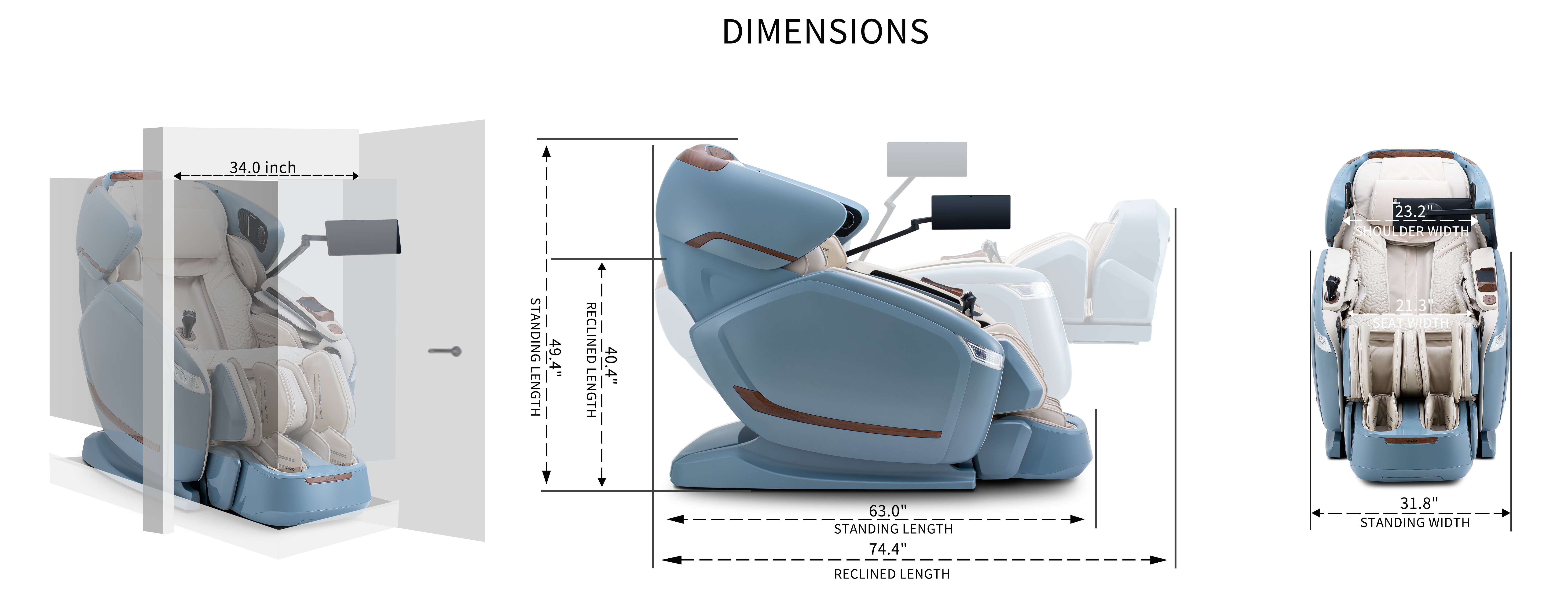 Cozzia Quantum Regen CZ-810 dimensions upright and reclined