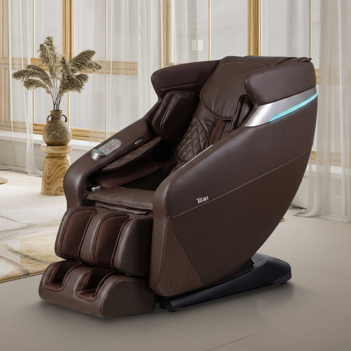 Titan Forma 3D+2D massage chair in Brown lifestyle setting - MassageChairPlanet.com