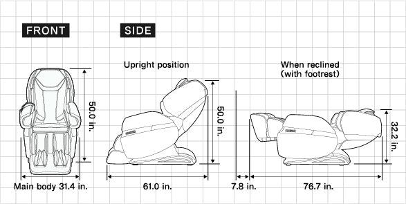 Fujiiryoki Calm Plus MR6000 dimensions - upright and reclined