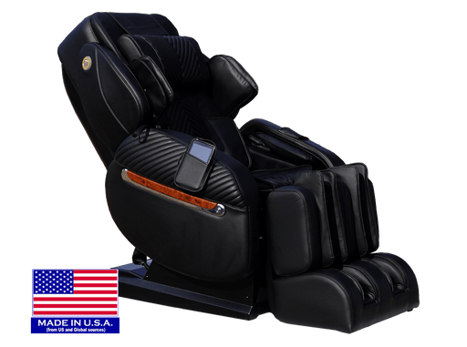 Luraco iRobotics 11 (i11) Medical Massage Chair – Black, three-quarter view with Made in USA flag