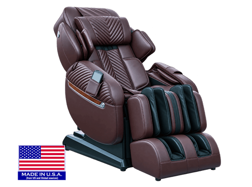 Luraco iRobotics 11 (i11) Special Edition Medical Massage Chair – Chocolate, three-quarter view with Made in USA flag