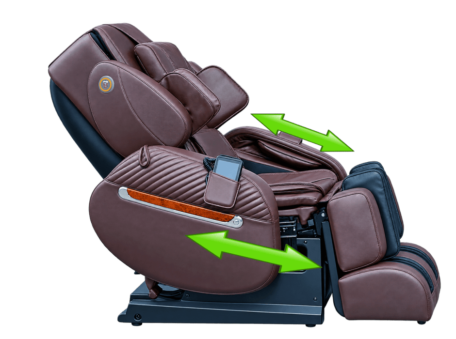 Luraco iRobotics 11 (i11) Special Edition Medical Massage Chair – chocolate, side view with arrows showing recline motion