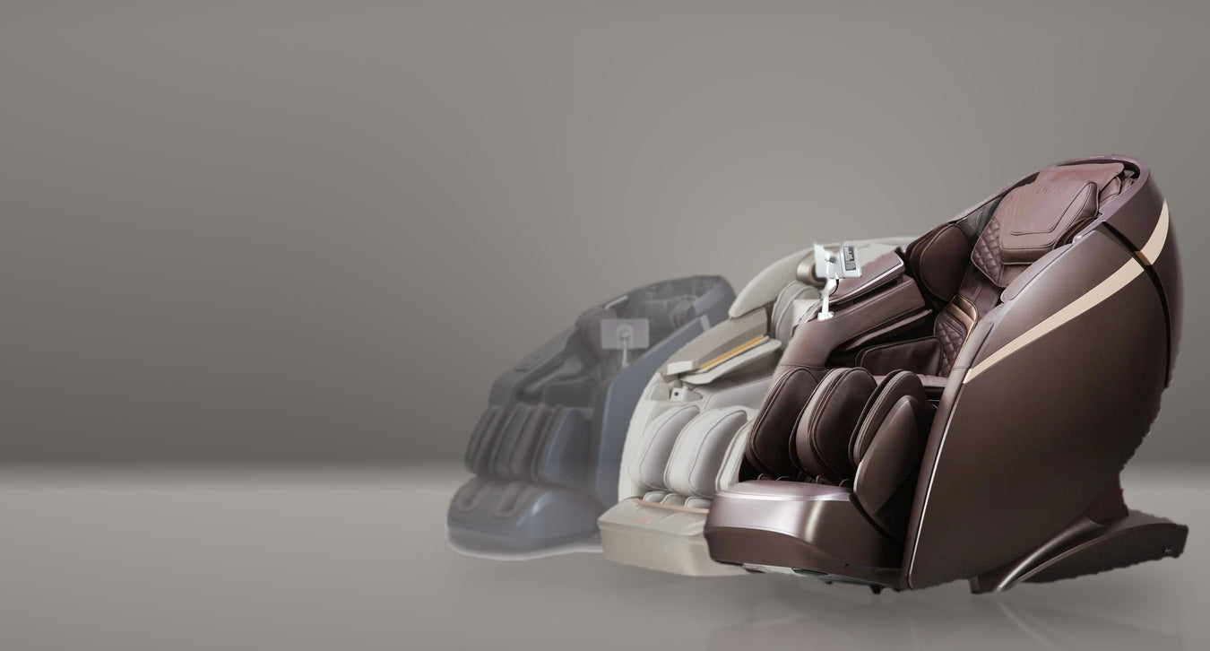 Three Osaki massage chairs arranged in a lineup in a light studio setting