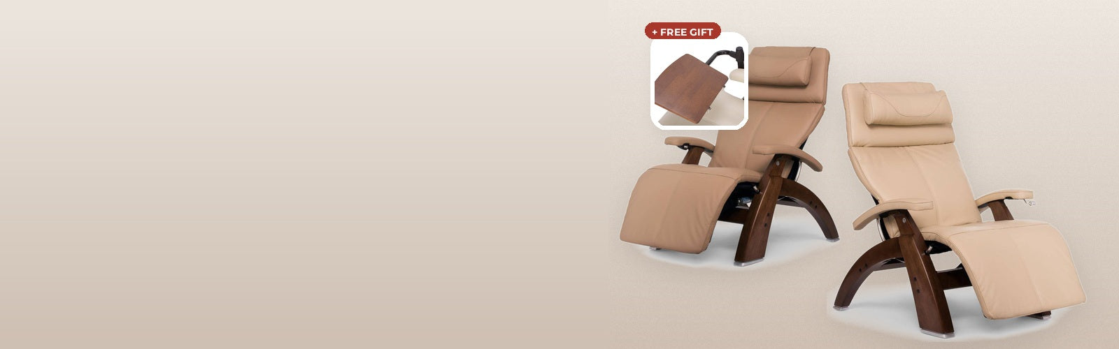 Two Human Touch Perfect Chair zero gravity recliners in tan leather with walnut wood bases
