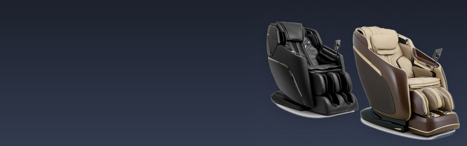 Two Ogawa massage chairs, one black and one in brown and cream