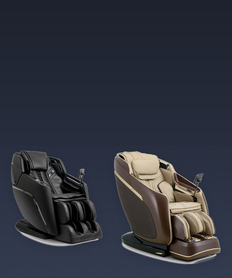 Two Ogawa massage chairs, one black and one in brown and cream