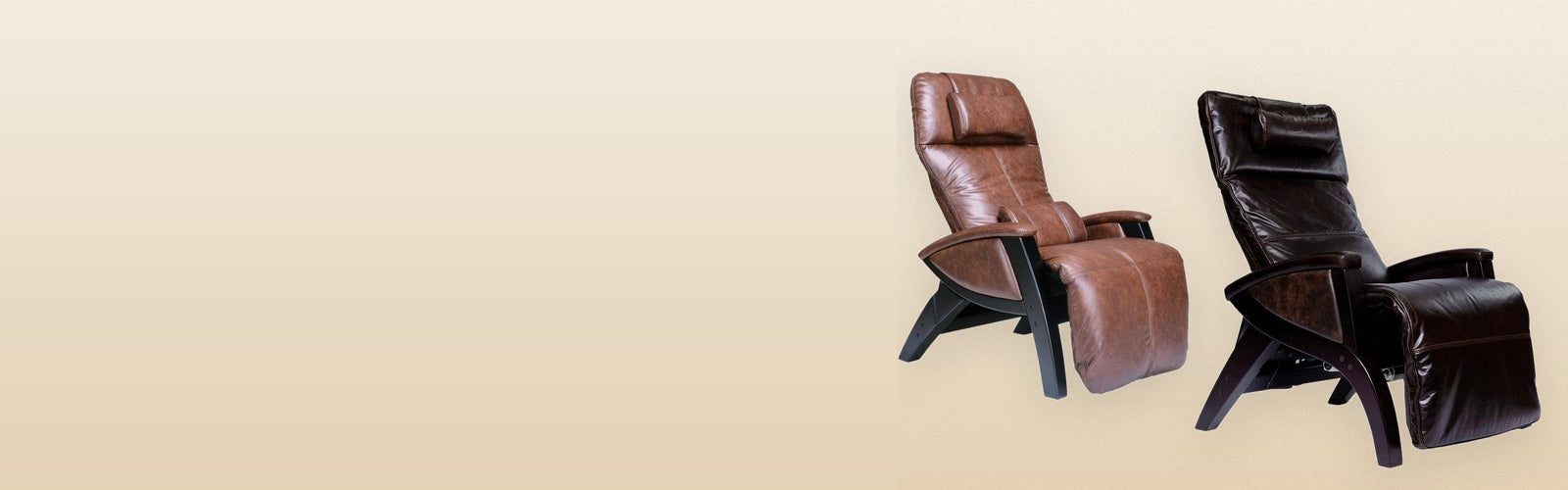 Two Svago zero gravity recliners, one in brown leather and one in dark brown leather