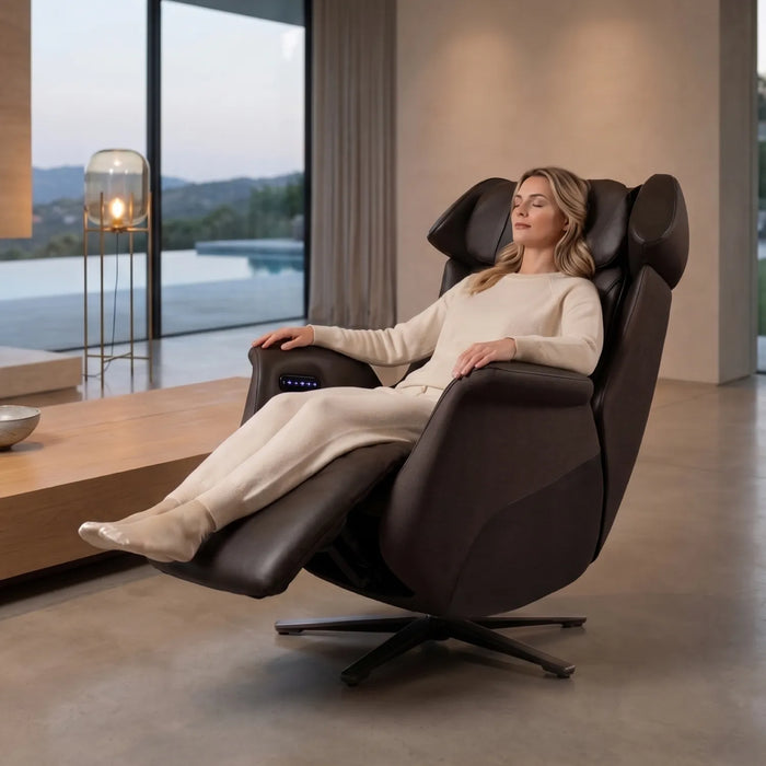 Osaki Milan 3D recliner massage chair in Brown with model - MassageChairPlanet.com