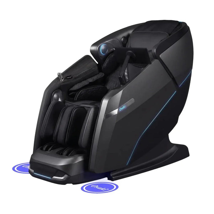 Osaki Platinum - Vanguard Duo 4D Massage Chair – black, three-quarter front view with floor light projection