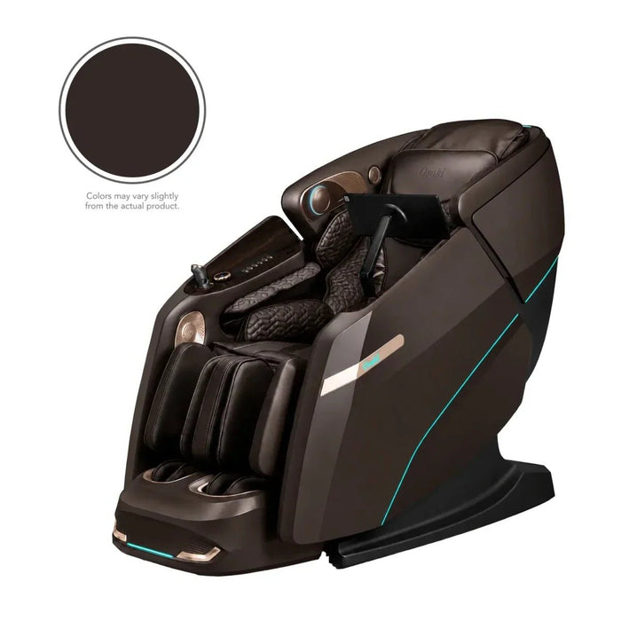 Osaki Platinum - Vanguard Duo 4D Massage Chair – Brown, three-quarter front view with color swatch