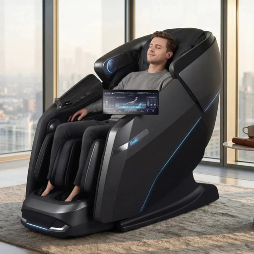 Osaki Platinum - Vanguard Duo 4D Massage Chair – man relaxing in the black chair in a city-view room