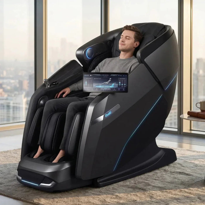 Osaki Platinum - Vanguard Duo 4D Massage Chair – man relaxing in the black chair in a city-view room
